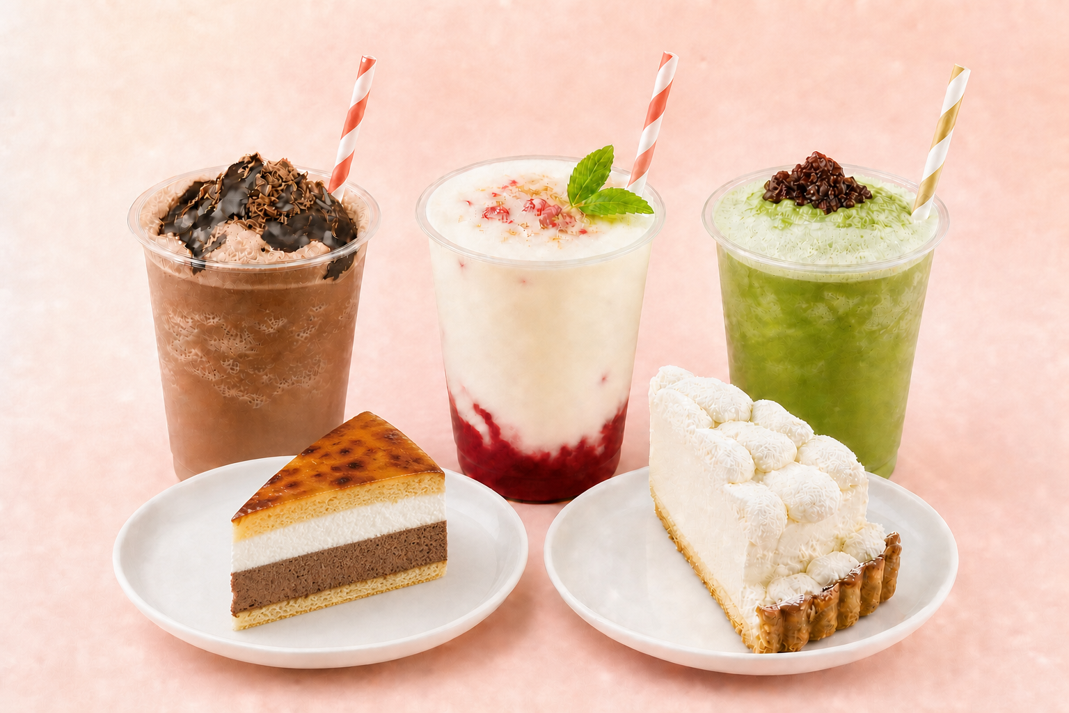 ガトーショコラ、ショートケーキ、抹茶の飲むケーキと、サンマルク、Wチーズケーキが並ぶスイーツラインナップ